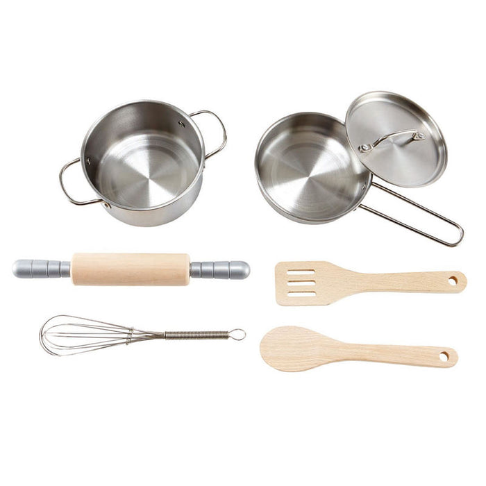 7-piece toy kitchen set with a metal pot, pan with lid, whisk, and wooden rolling pin, spatula, and spoon.