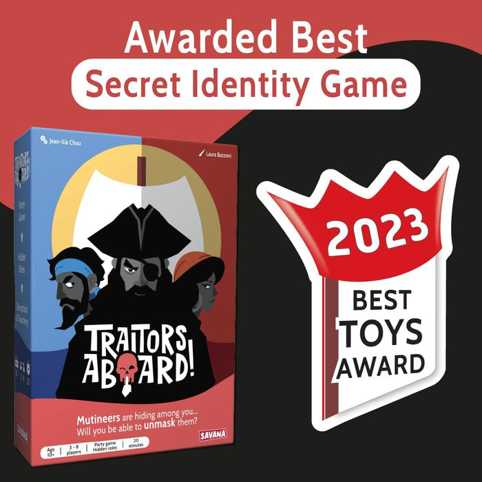Traitors Aboard game box featuring pirate art next to a 2023 Best Toys Award seal and award banner.