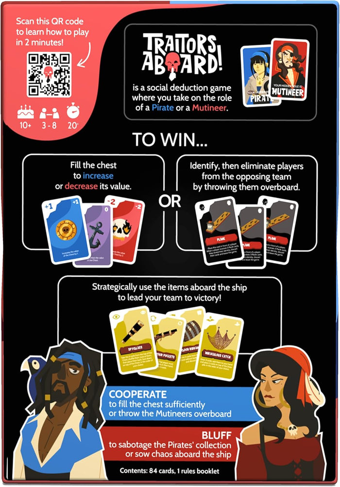 Infographic for Traitors Aboard game featuring pirate illustrations, card types, and rules on a black background.