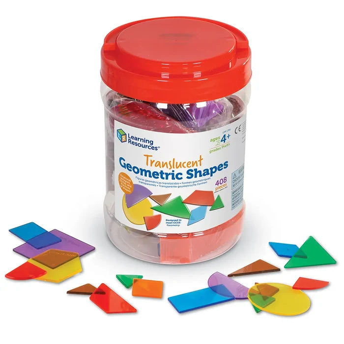 Colorful, translucent plastic geometric shapes scattered around a clear storage tub with a red lid.