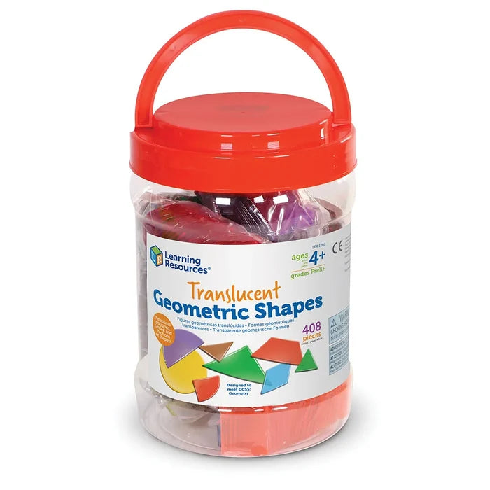 Clear plastic storage tub with a red handle lid filled with colorful, translucent plastic geometric shapes.