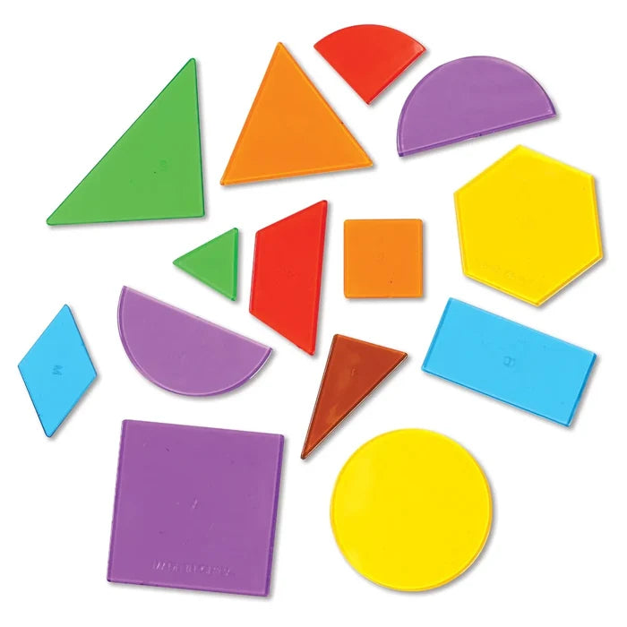 Colorful translucent plastic geometric shapes including circles, triangles, and hexagons on a white background.