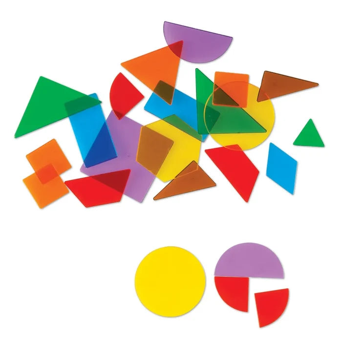 Assorted colorful translucent plastic shapes like triangles, circles, and squares scattered on a white background.