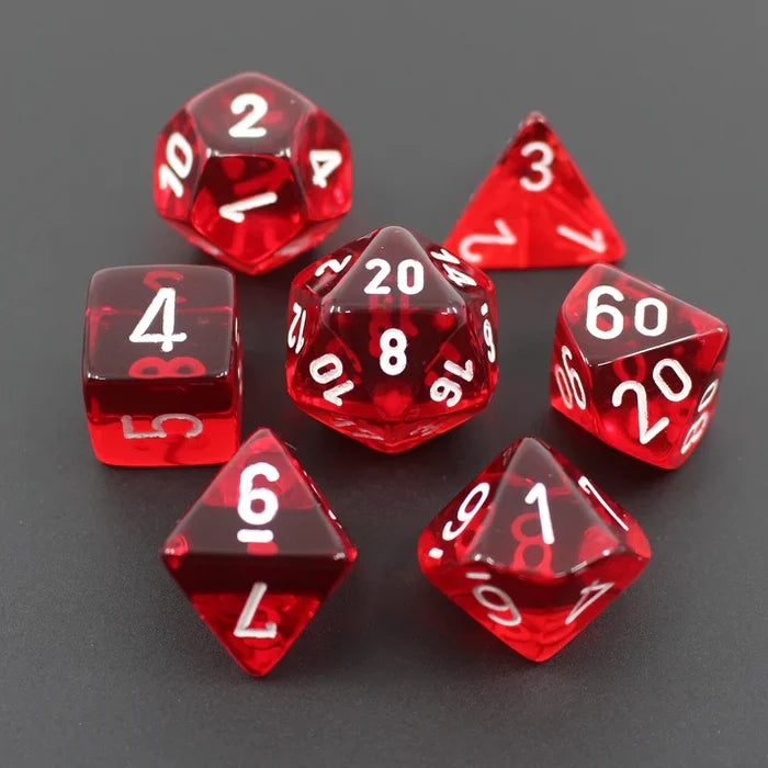Seven translucent red polyhedral dice with white numbers arranged on a dark grey surface.