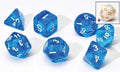 Translucent blue polyhedral dice with white numbers and one white die with gold numbers in a small inset.