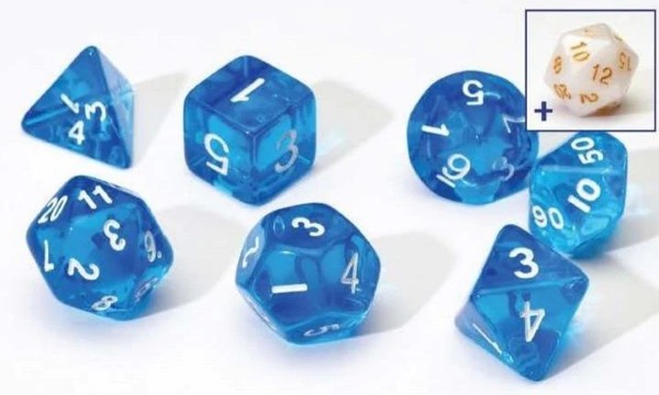 Translucent blue polyhedral dice with white numbers and one white die with gold numbers in a small inset.