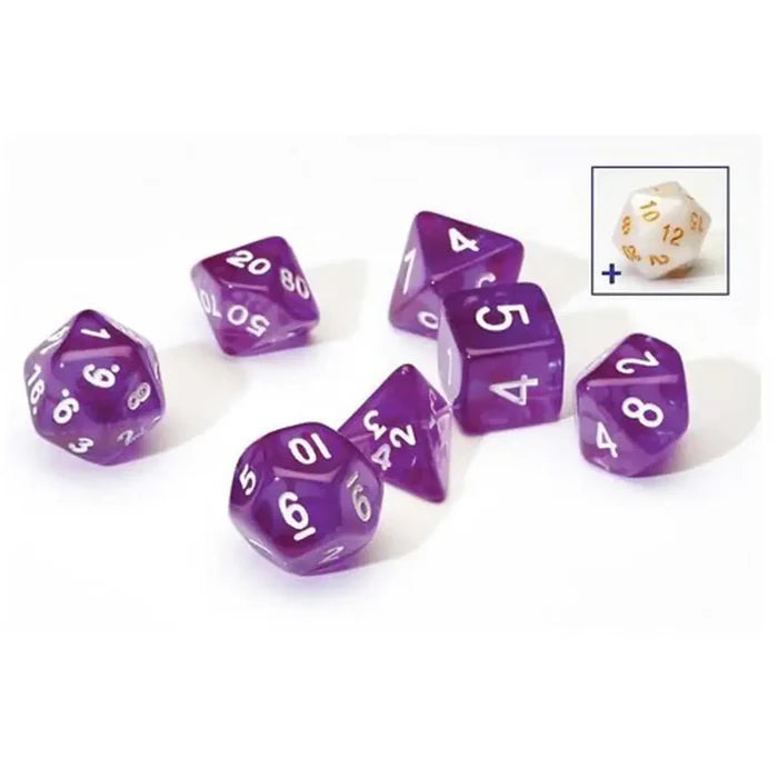 Seven translucent purple resin polyhedral dice and one white iridescent die with numbers on a white background.