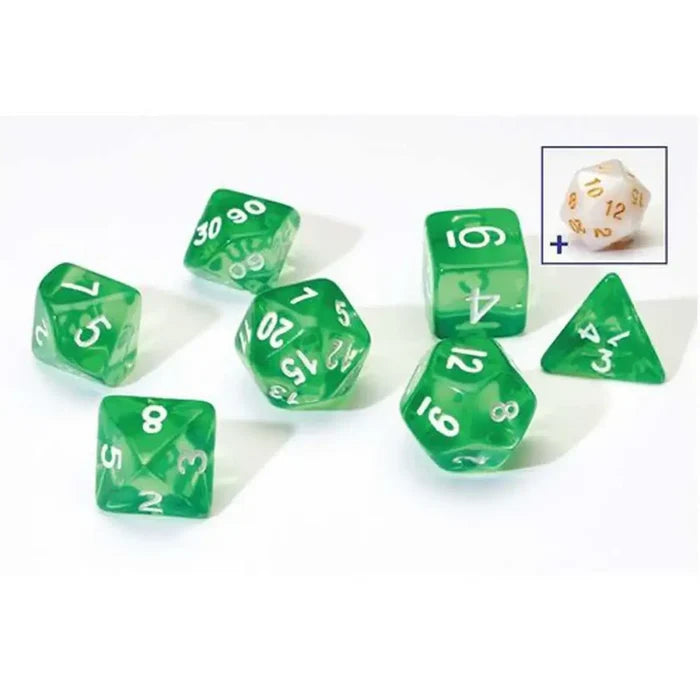 Seven translucent green polyhedral dice with white numbers and an inset featuring a white die with gold numbers.