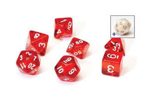 Seven translucent red polyhedral dice with white numbers and an inset showing a white 12-sided die with gold numbering.