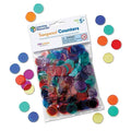 Bag of 250 multi-colored, translucent round counters with loose pieces scattered on a plain white background.