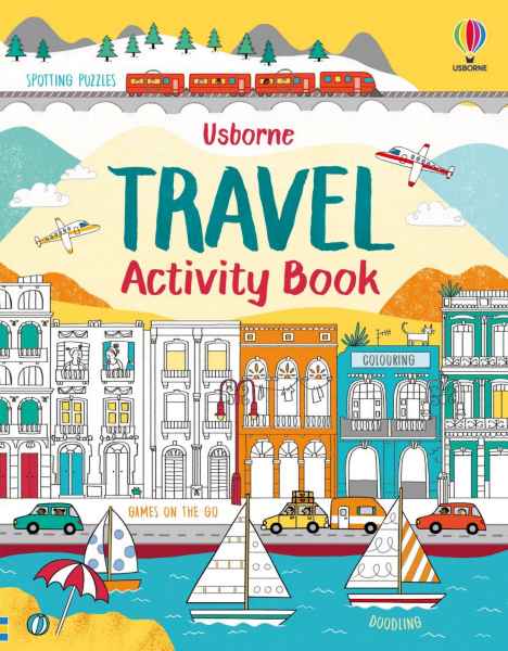 Colorful illustration of a seaside town with a red train, airplanes, cars, and sailboats in a cartoon style.
