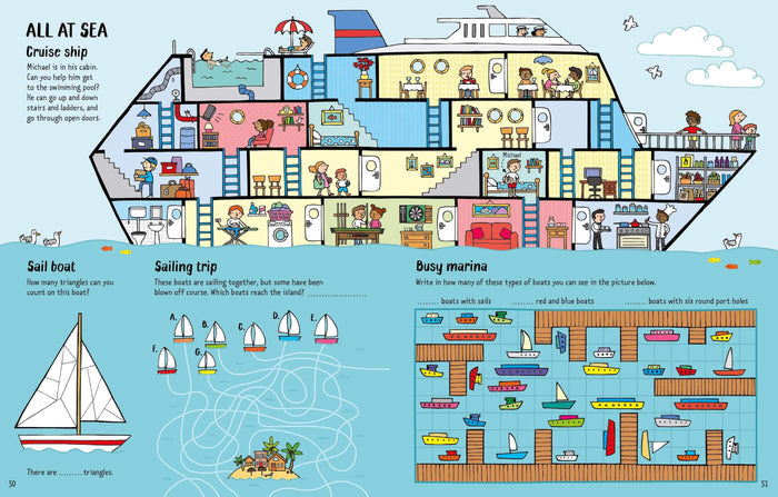 Colorful children's activity book pages with a cruise ship cross-section, nautical mazes, and boat counting puzzles.