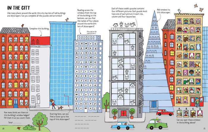 Colorful illustrated city scene from an activity book featuring mazes, word searches, and picture puzzles.