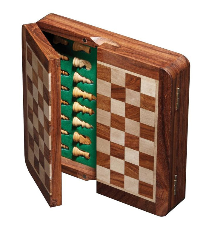 Folding wooden chess box with a checkered board, opening to show carved pieces secured in green felt storage slots.