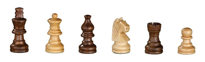 Six polished wood chess pieces in alternating dark brown and natural tan, arranged from king to pawn.