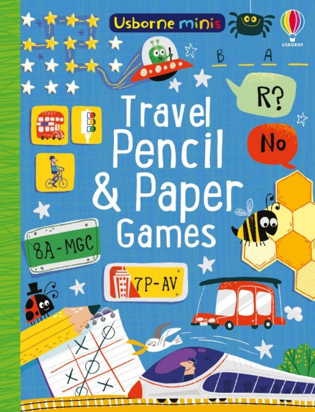 Blue Usborne book cover with colorful icons of a train, bus, and alien around the title Travel Pencil & Paper Games.