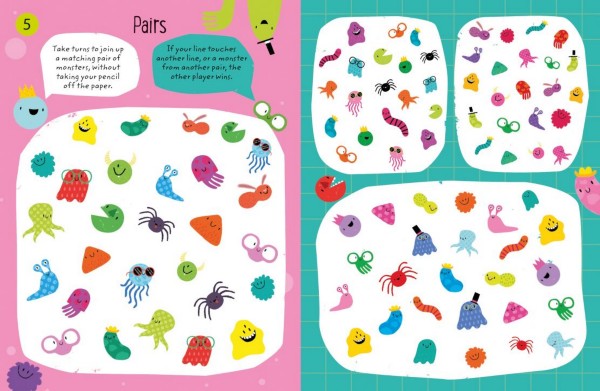 Vibrant children's activity book page with a Pairs matching game featuring whimsical, colorful cartoon monsters.