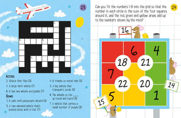 Open puzzle book featuring a transportation-themed crossword and a colorful math grid with cartoon mice.