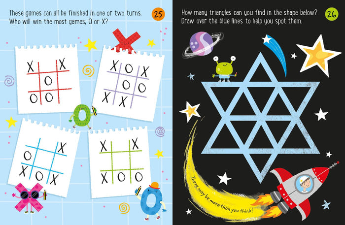 Two puzzle book pages featuring tic-tac-toe games and a large blue star made of triangles on a black space background.
