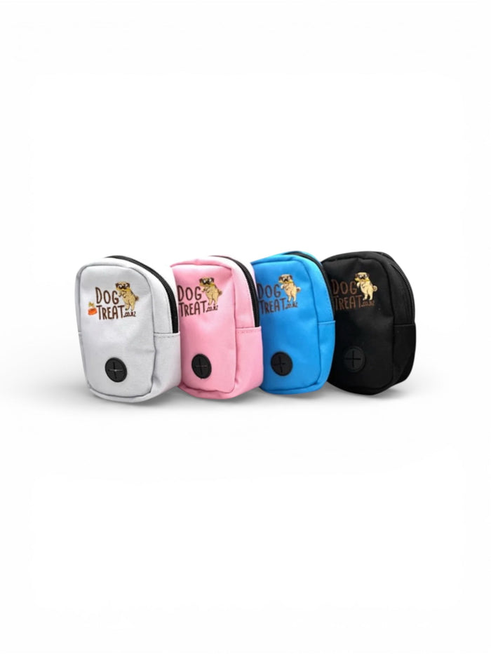 DogTreatNZ treat pouches with colorful design and secure closures, perfect for carrying dog treats on walks.