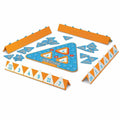 Triangular math game with a blue board, orange tile racks, and white numbered triangular game pieces.
