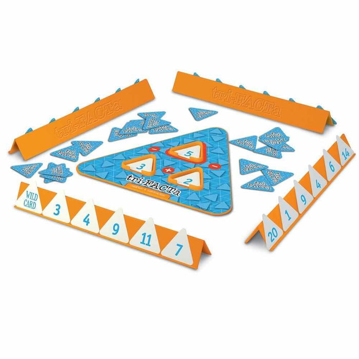 Triangular math game with a blue board, orange tile racks, and white numbered triangular game pieces.