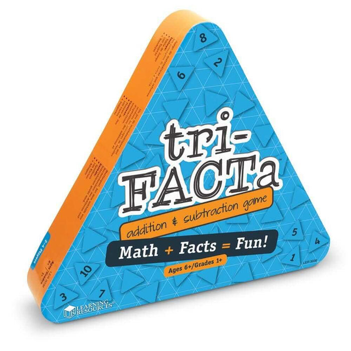 Triangular blue and orange game box with number cards and text for addition and subtraction. Ages 6+ and Grades 1+.