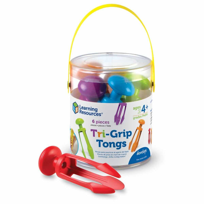 Colorful three-pronged tongs in a clear storage bucket with a yellow handle. A red tong sits in the foreground.