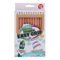 12 water-based coloring pencils with triangular barrels in a white box featuring a green cartoon pencil and sailboat.