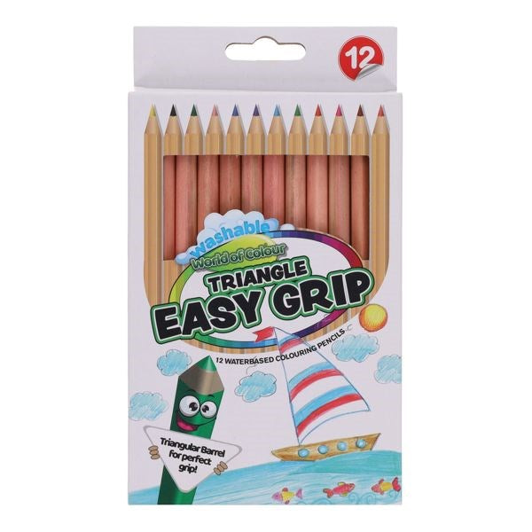 12 water-based coloring pencils with triangular barrels in a white box featuring a green cartoon pencil and sailboat.