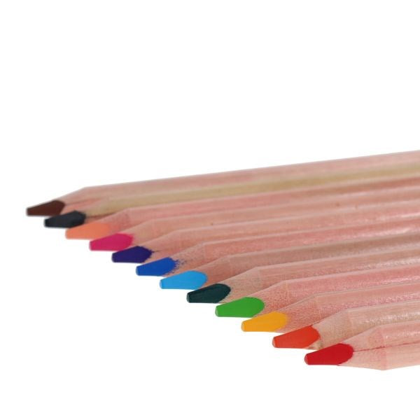 Twelve natural wood triangular colored pencils arranged in a row showing a spectrum of sharp, vibrant lead tips.