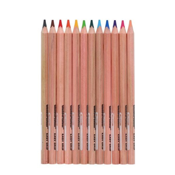 Twelve triangular natural wood colored pencils with assorted colored tips and name labels, aligned vertically in a row.