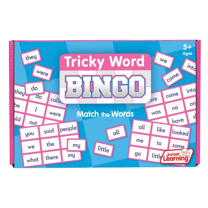 Blue and pink box for a sight word bingo game featuring grid cards and scattered word tiles for ages 5 and up.