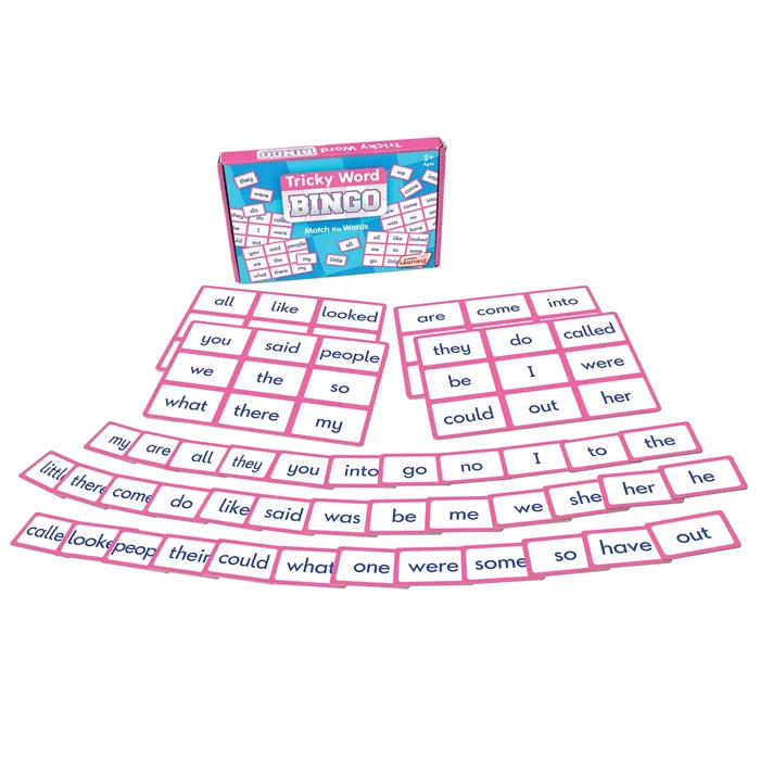 Pink Tricky Word Bingo game set with box, matching bingo boards, and word cards on a white background.