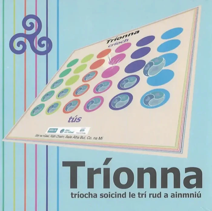 Irish board game with colorful circular spaces, triskelion symbols, and text for a thirty-second naming challenge.