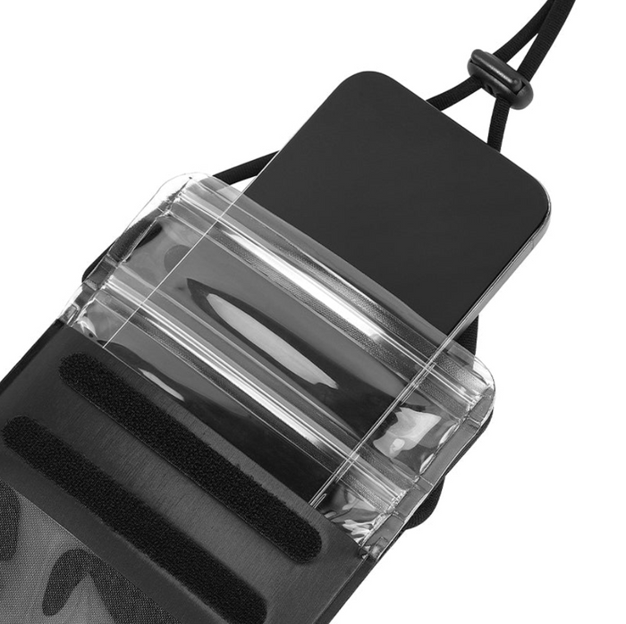 Techplus waterproof phone bag with triple seal and IP68 dry pouch showing a smartphone inside, ideal for outdoor water activities.