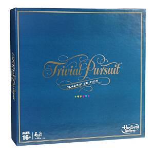 Square navy blue box with gold script lettering, six colorful triangle icons, and Ages 16+ printed in the corner.