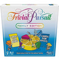 Trivial Pursuit Family Edition box with colorful script logo and cartoon game pieces holding kids and adults card signs.