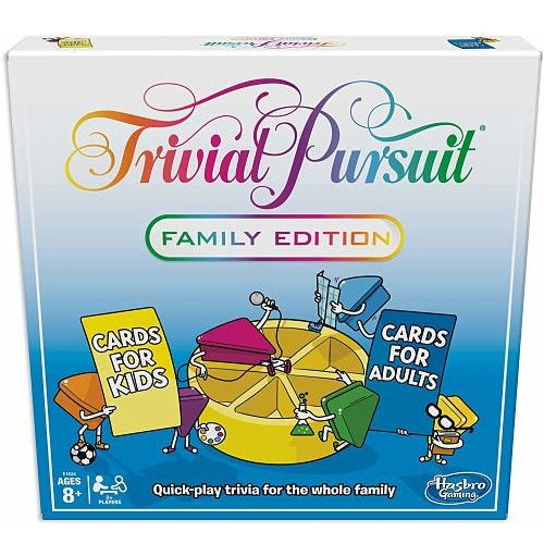 Trivial Pursuit Family Edition box with colorful script logo and cartoon game pieces holding kids and adults card signs.