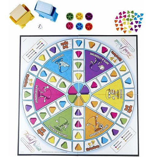 Circular board game with six colored category sections, game cards, player tokens, and small plastic wedge pieces.