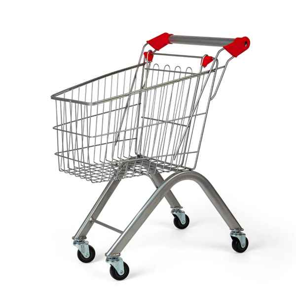 Silver wire toy shopping trolley with red handle accents and black wheels on an arched metal frame.