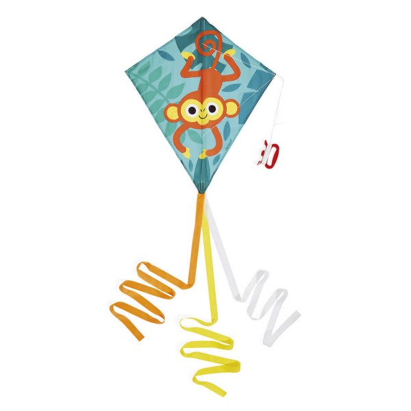 Blue diamond kite featuring a cartoon orange monkey and long trailing orange, yellow, and white ribbon tails.
