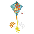 Blue diamond kite featuring a cartoon orange monkey and long trailing orange, yellow, and white ribbon tails.