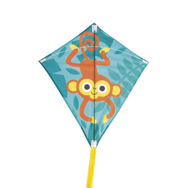 Diamond-shaped teal kite featuring an orange monkey hanging upside down with a long yellow ribbon tail.