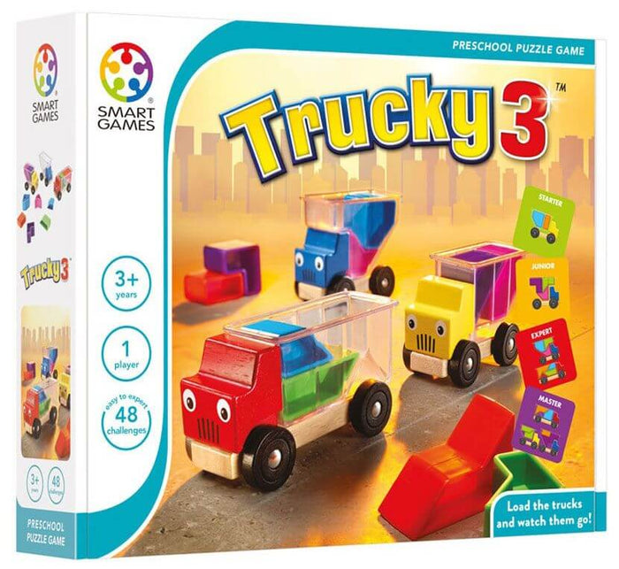 Trucky 3 box showing red, yellow, and blue toy trucks with clear containers and colorful puzzle blocks.