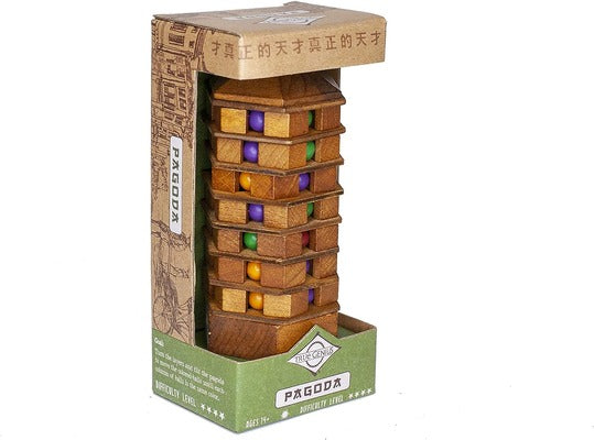 Wooden pagoda-shaped logic puzzle with rotating tiers and colorful balls in a green and tan cardboard display box.