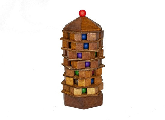 Wooden pagoda puzzle with rotating hexagonal layers, colored beads in vertical slots, and a red bead on top.