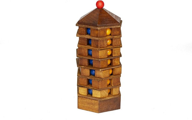 Wooden hexagonal tower puzzle with blue and yellow balls in each tier and a red sphere on its pointed roof.