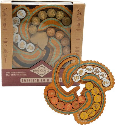 Swirling wooden brainteaser with teal accents and colored coins featuring hieroglyphics, shown next to its product box.