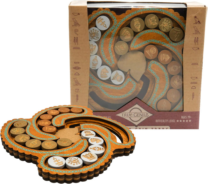 Wooden swirling puzzle with teal patterns and hieroglyph coins, shown flat and in its cardboard packaging.